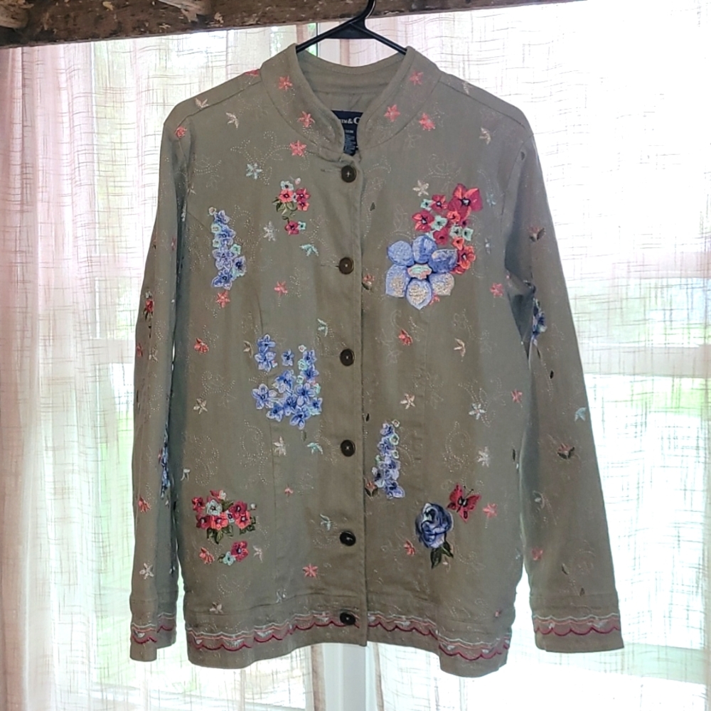 Denim & Co Sage Green Floral Embroidered Jacket M